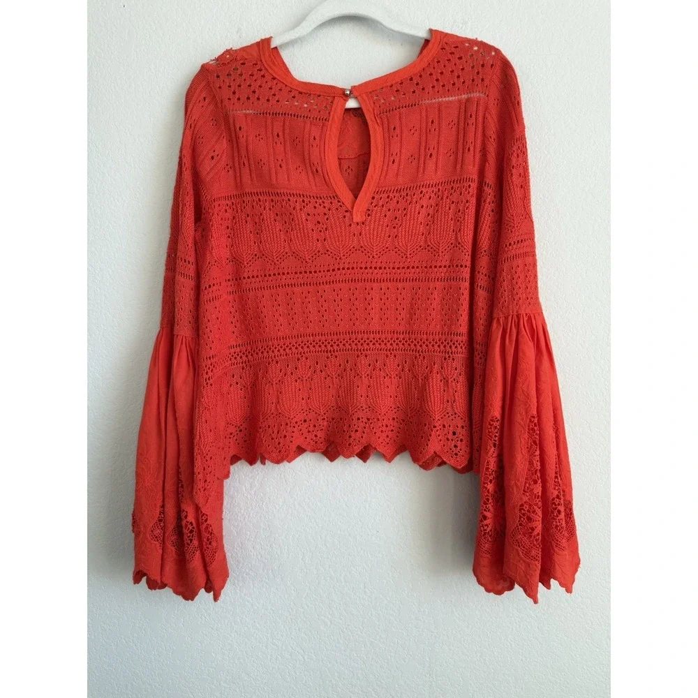 Free People Women's Flare Bell Sleeve Knit Crochet Eyelet Orange Red Size S Boho